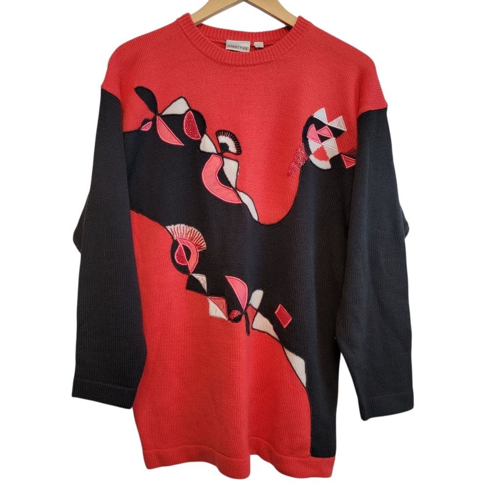 VTG Jacques Vert Embroidered Beads Sweater L Abstract Art To Wear Geometric Wool